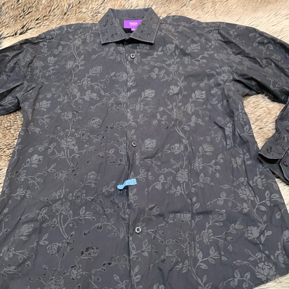 Tallia Shirt Men's Sz L 16 1/2 black with floral vine Print Overlay Button Down